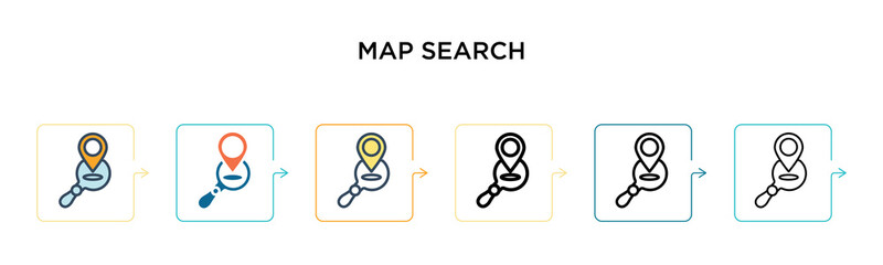 Map search vector icon in 6 different modern styles. Black, two colored map search icons designed in filled, outline, line and stroke style. Vector illustration can be used for web, mobile, ui