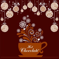 Hot Chocolate cup. Cup with floral design elements. Menu for restaurant, cafe, bar, tea-house.  Celebration background with Hot Chocolate cup, Christmas balls and place for your text.  Illustration