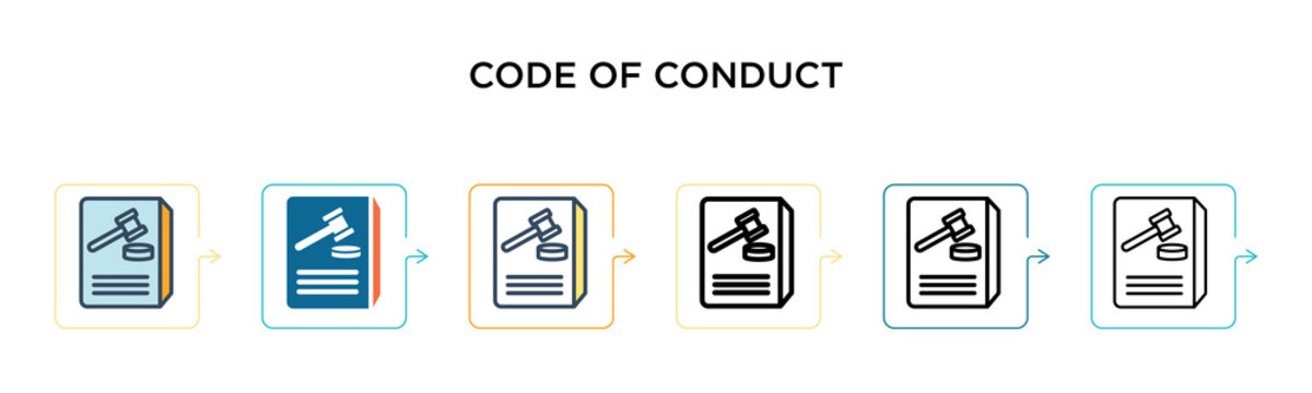 Code of conduct vector icon in 6 different modern styles. Black, two colored code of conduct icons designed in filled, outline, line and stroke style. Vector illustration can be used for web, mobile,