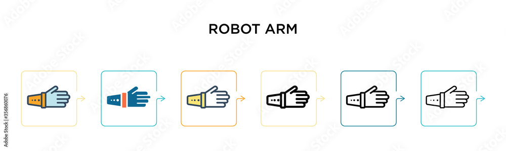 Poster robot arm vector icon in 6 different modern styles. black, two colored robot arm icons designed in f