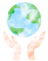 手で地球を支える環境保護のイメージ（手描き風）