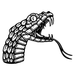 Illustration of head of poisonous snake in engraving style. Design element for logo, label, emblem, sign, badge. Vector illustration