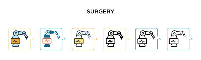 Surgery vector icon in 6 different modern styles. Black, two colored surgery icons designed in filled, outline, line and stroke style. Vector illustration can be used for web, mobile, ui