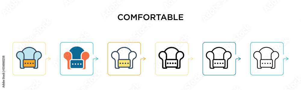 Poster comfortable vector icon in 6 different modern styles. black, two colored comfortable icons designed 