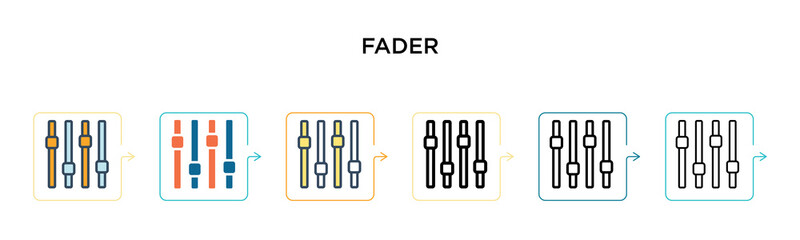 Fader vector icon in 6 different modern styles. Black, two colored fader icons designed in filled, outline, line and stroke style. Vector illustration can be used for web, mobile, ui