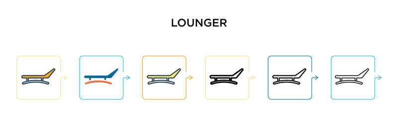 Lounger vector icon in 6 different modern styles. Black, two colored lounger icons designed in filled, outline, line and stroke style. Vector illustration can be used for web, mobile, ui