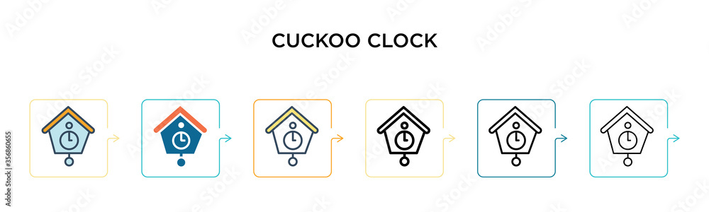 Poster cuckoo clock vector icon in 6 different modern styles. black, two colored cuckoo clock icons designe