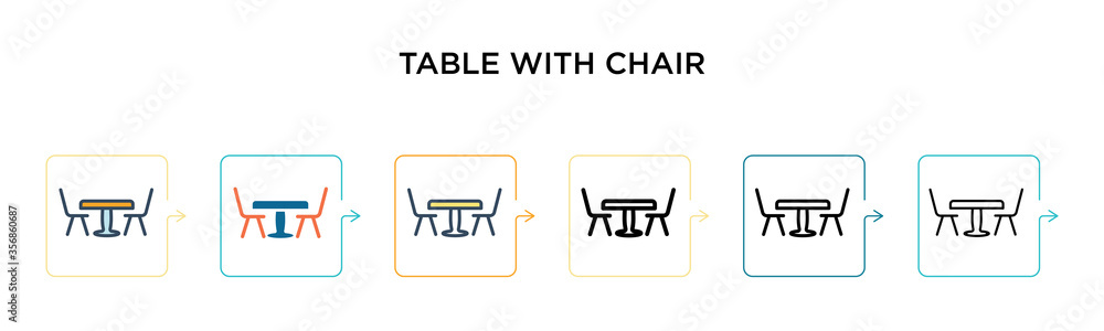 Poster table with chair vector icon in 6 different modern styles. black, two colored table with chair icons