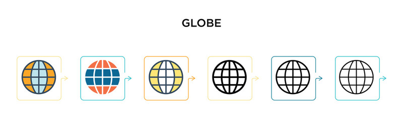 Globe vector icon in 6 different modern styles. Black, two colored globe icons designed in filled, outline, line and stroke style. Vector illustration can be used for web, mobile, ui