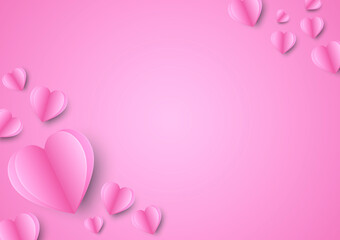 Paper elements in shape of heart flying on pink background. Vector symbols of love design.