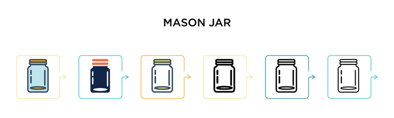 Mason jar vector icon in 6 different modern styles. Black, two colored mason jar icons designed in filled, outline, line and stroke style. Vector illustration can be used for web, mobile, ui