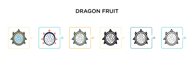 Dragon fruit vector icon in 6 different modern styles. Black, two colored dragon fruit icons designed in filled, outline, line and stroke style. Vector illustration can be used for web, mobile, ui