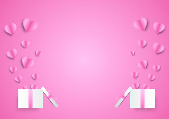 Paper elements in shape of heart flying on pink background. Vector symbols of love design.