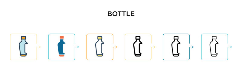 Bottle vector icon in 6 different modern styles. Black, two colored bottle icons designed in filled, outline, line and stroke style. Vector illustration can be used for web, mobile, ui