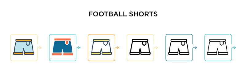Football shorts vector icon in 6 different modern styles. Black, two colored football shorts icons designed in filled, outline, line and stroke style. Vector illustration can be used for web, mobile,