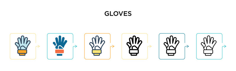 Gloves vector icon in 6 different modern styles. Black, two colored gloves icons designed in filled, outline, line and stroke style. Vector illustration can be used for web, mobile, ui