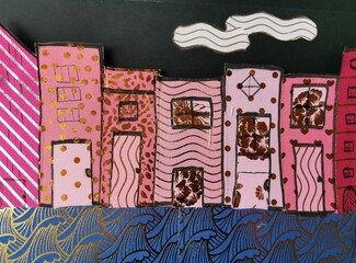 set of pink houses  fabric collage