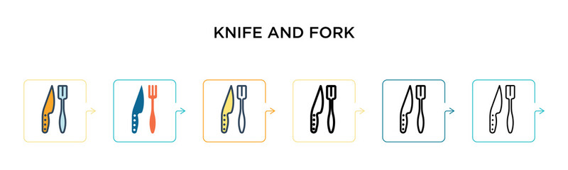 Knife and fork vector icon in 6 different modern styles. Black, two colored knife and fork icons designed in filled, outline, line and stroke style. Vector illustration can be used for web, mobile, ui