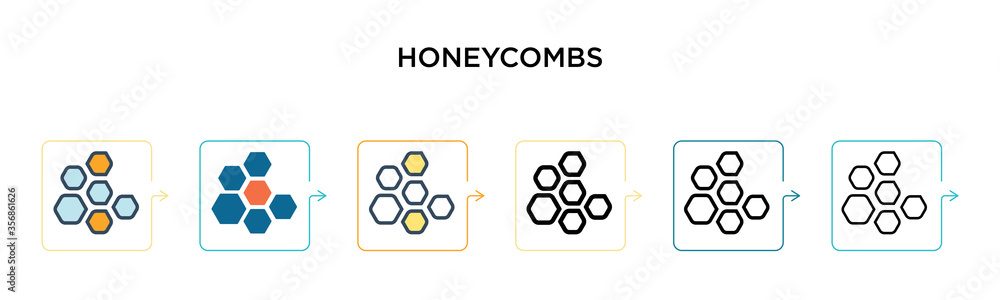 Poster honeycombs vector icon in 6 different modern styles. black, two colored honeycombs icons designed in
