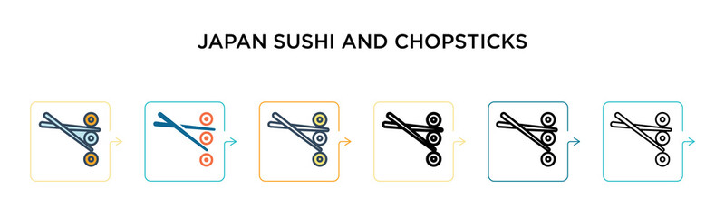 Japan sushi and chopsticks vector icon in 6 different modern styles. Black, two colored japan sushi and chopsticks icons designed in filled, outline, line and stroke style. Vector illustration can be