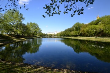 Pond of Novospassky Monastery in spring