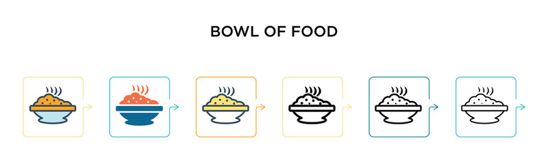 Bowl of food vector icon in 6 different modern styles. Black, two colored bowl of food icons designed in filled, outline, line and stroke style. Vector illustration can be used for web, mobile, ui