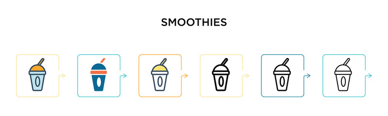 Smoothies vector icon in 6 different modern styles. Black, two colored smoothies icons designed in filled, outline, line and stroke style. Vector illustration can be used for web, mobile, ui