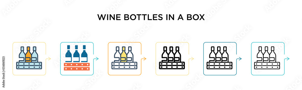 Aufkleber wine bottles in a box vector icon in 6 different modern styles. black, two colored wine bottles in a