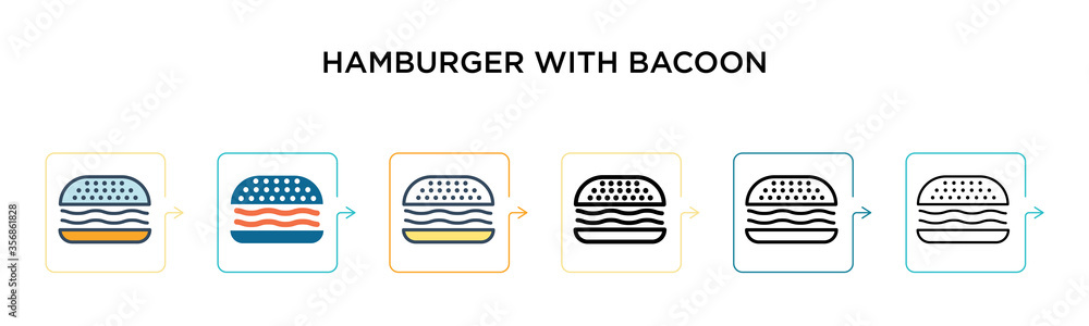 Poster hamburger with bacoon vector icon in 6 different modern styles. black, two colored hamburger with ba