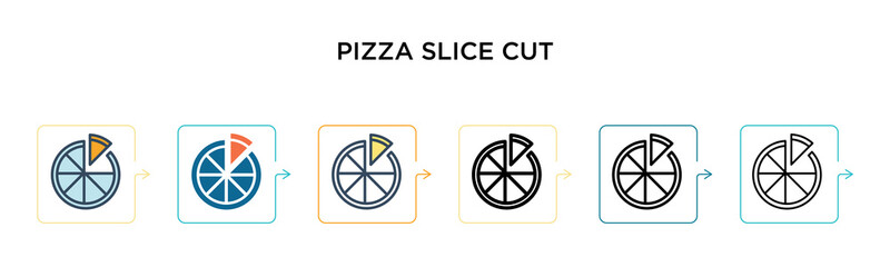 Pizza slice cut vector icon in 6 different modern styles. Black, two colored pizza slice cut icons designed in filled, outline, line and stroke style. Vector illustration can be used for web, mobile,