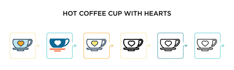 Hot coffee cup with hearts vector icon in 6 different modern styles. Black, two colored hot coffee cup with hearts icons designed in filled, outline, line and stroke style. Vector illustration can be