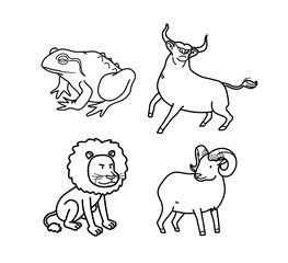 Coloring book animal collection set of Frog, Bull, Ox, Lion, Goat. Black and white vector illustration for coloring book