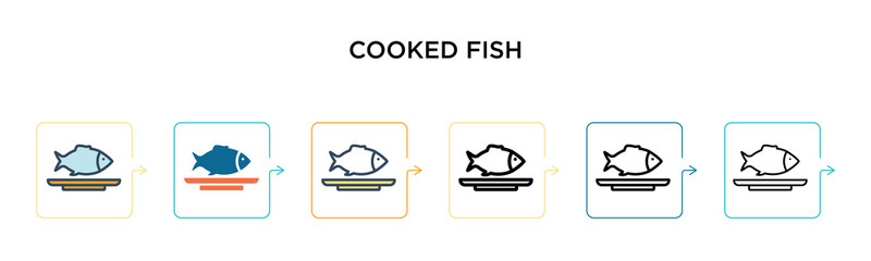 Cooked fish vector icon in 6 different modern styles. Black, two colored cooked fish icons designed in filled, outline, line and stroke style. Vector illustration can be used for web, mobile, ui