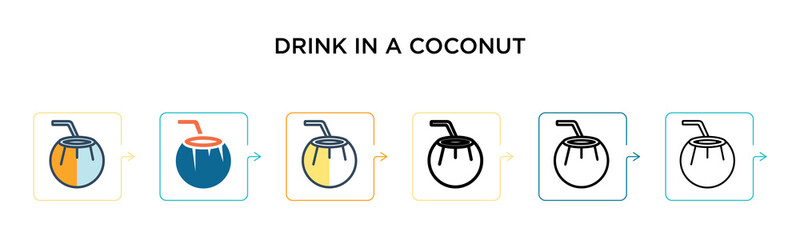 Drink in a coconut vector icon in 6 different modern styles. Black, two colored drink in a coconut icons designed in filled, outline, line and stroke style. Vector illustration can be used for web,