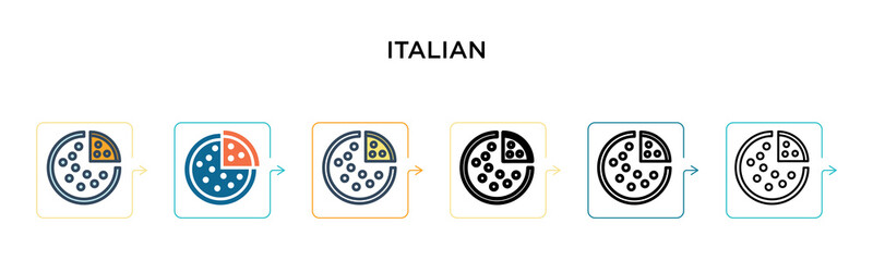 Italian vector icon in 6 different modern styles. Black, two colored italian icons designed in filled, outline, line and stroke style. Vector illustration can be used for web, mobile, ui
