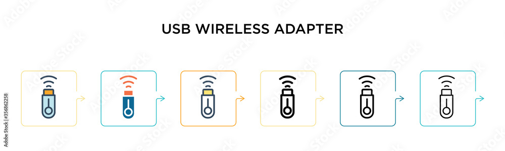 Poster usb wireless adapter vector icon in 6 different modern styles. black, two colored usb wireless adapt
