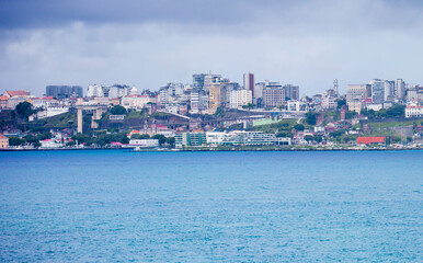 Salvador, Brazil, a view of the city from the sea.
 Salvador is a port city located in the North-East of Brazil on a small Peninsula almost triangular in shape.  The Lacerda Elevator is visible on the