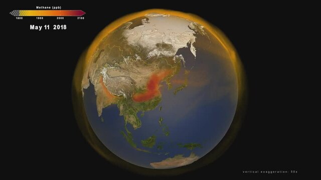 Time lapse animation of global atmospheric methane emission to study greenhouse effect in the world during 2018. Elements of this image furnished by NASA