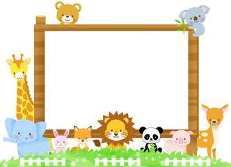 木の看板の案内に集合したかわいい動物達/キリン・コアラ・ゾウ・熊・ライオン・狐・豚・兎・パンダ・仔鹿
