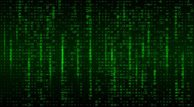 Vector Matrix background with the green symbols. Stream of futuristic code symbols on screen. Coding or Hacker concept.