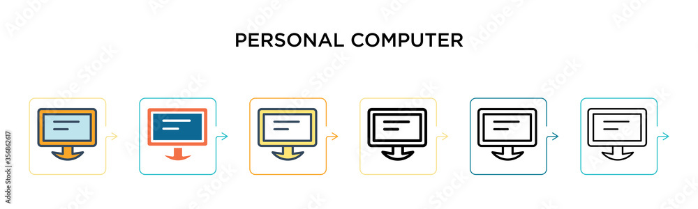 Poster personal computer vector icon in 6 different modern styles. black, two colored personal computer ico