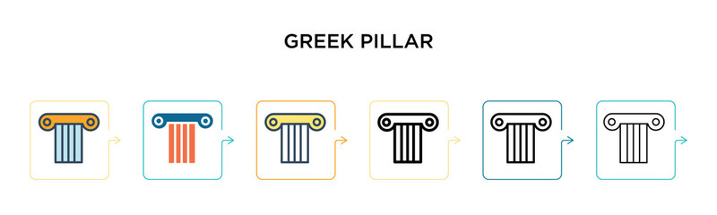 Greek pillar vector icon in 6 different modern styles. Black, two colored greek pillar icons designed in filled, outline, line and stroke style. Vector illustration can be used for web, mobile, ui