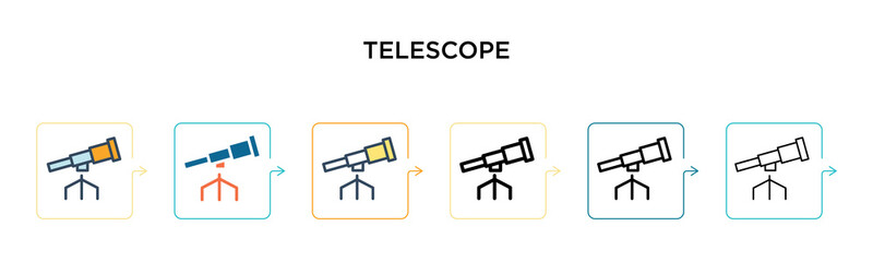 Telescope vector icon in 6 different modern styles. Black, two colored telescope icons designed in filled, outline, line and stroke style. Vector illustration can be used for web, mobile, ui