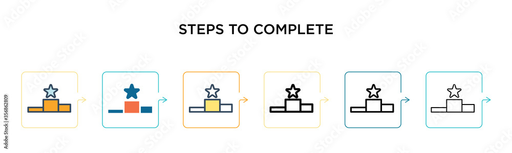 Poster steps to complete vector icon in 6 different modern styles. black, two colored steps to complete ico