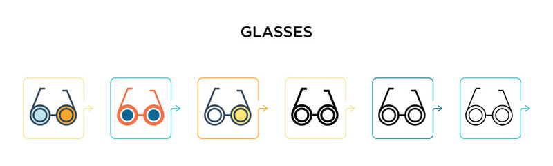 Glasses vector icon in 6 different modern styles. Black, two colored glasses icons designed in filled, outline, line and stroke style. Vector illustration can be used for web, mobile, ui