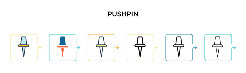 Pushpin vector icon in 6 different modern styles. Black, two colored pushpin icons designed in filled, outline, line and stroke style. Vector illustration can be used for web, mobile, ui