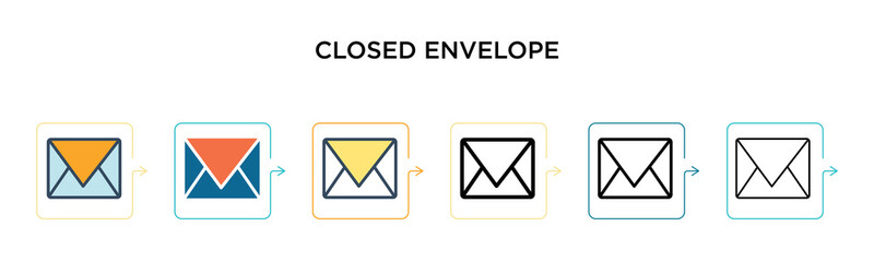 Closed envelope vector icon in 6 different modern styles. Black, two colored closed envelope icons designed in filled, outline, line and stroke style. Vector illustration can be used for web, mobile,