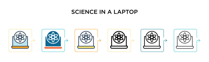 Science in a laptop vector icon in 6 different modern styles. Black, two colored science in a laptop icons designed in filled, outline, line and stroke style. Vector illustration can be used for web,