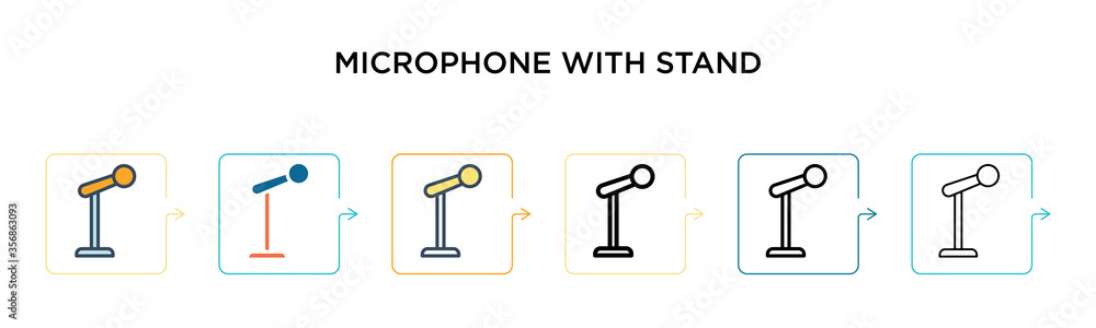 Poster microphone with stand vector icon in 6 different modern styles. black, two colored microphone with s