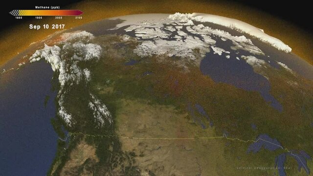 Time lapse animation of global atmospheric methane emission to study greenhouse effect in North America during 2017. Elements of this image furnished by NASA